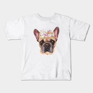 Cute French Bulldog Puppy with Flower Wreath Kids T-Shirt